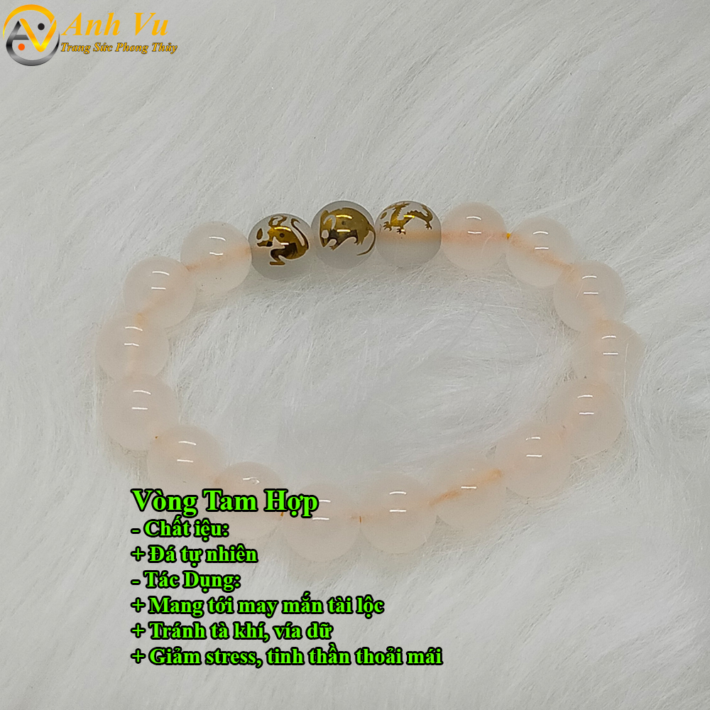 Vòng tay tam hợp quý nhân thân tý thìn - Chất liệu đá mã não trắng - Vòng tay phong thủy mệnh kim cho nữ - May mắn tài lộc