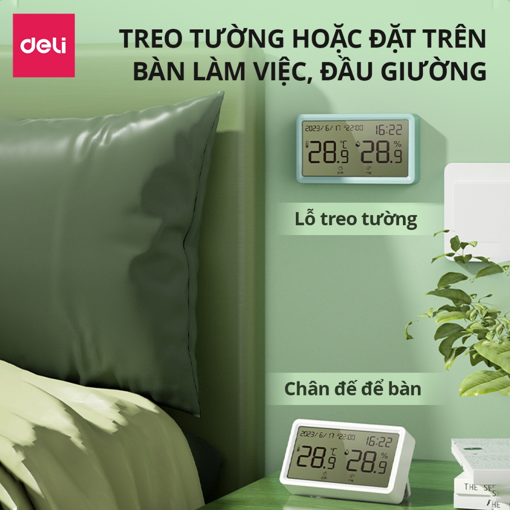 Nhiệt ẩm kế, nhiệt kế phòng Deli đồng hồ xem giờ có báo thức đo nhiệt độ phòng, độ ẩm phòng ngủ cho bé chính xác