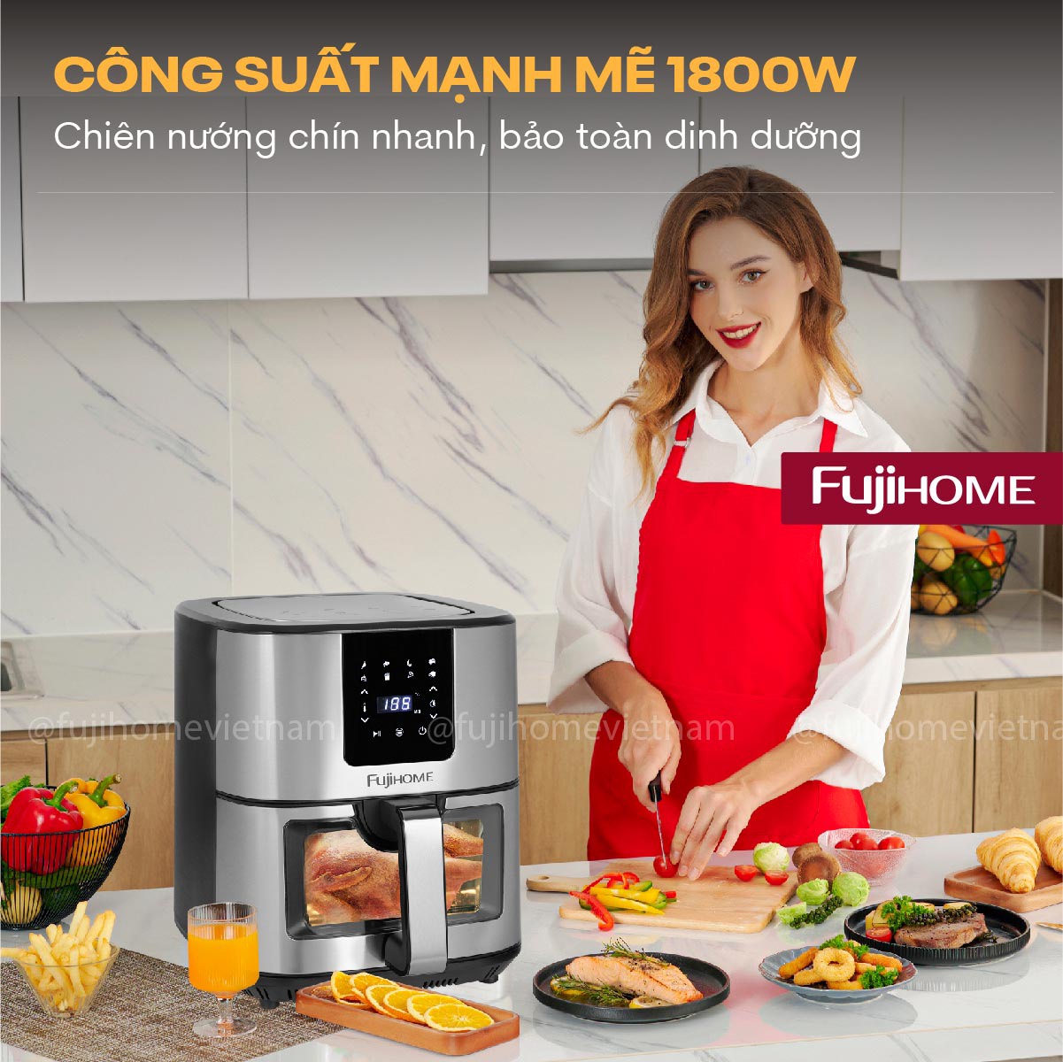Nồi chiên không dầu 10L nhập khẩu Fujihome A10DG, nồi chiên điện tử 10Lít cảm ứng 8 chế độ nấu,tặng kèm kẹp gắp - hàng chính hãng