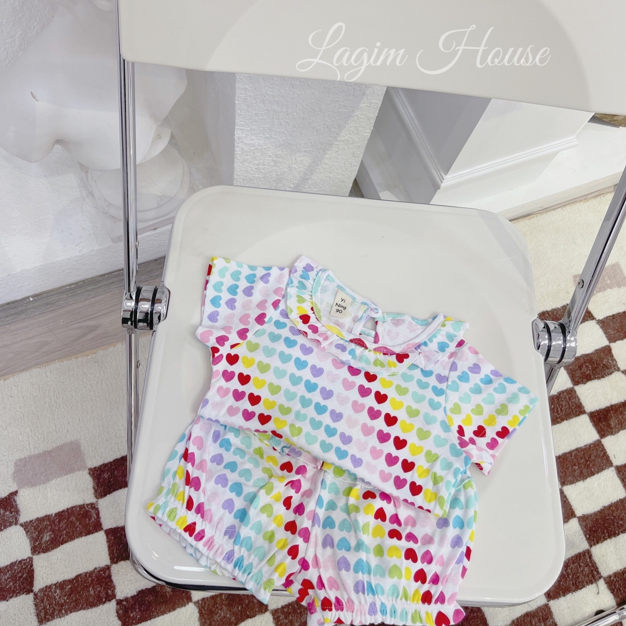 Đồ bộ bé gái mặc nhà chất thun cotton mềm mại, set bộ bé gái họa tiết trái tim cầu vòng - Lagim House