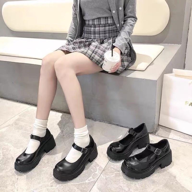 (CÓ SẴN) Giày Mary Jane Quai Cài, Giày Lolita Vintage Ulzzang Nữ Da Bóng Da Lì Phong Cách Hàn Quốc Cao 6cm