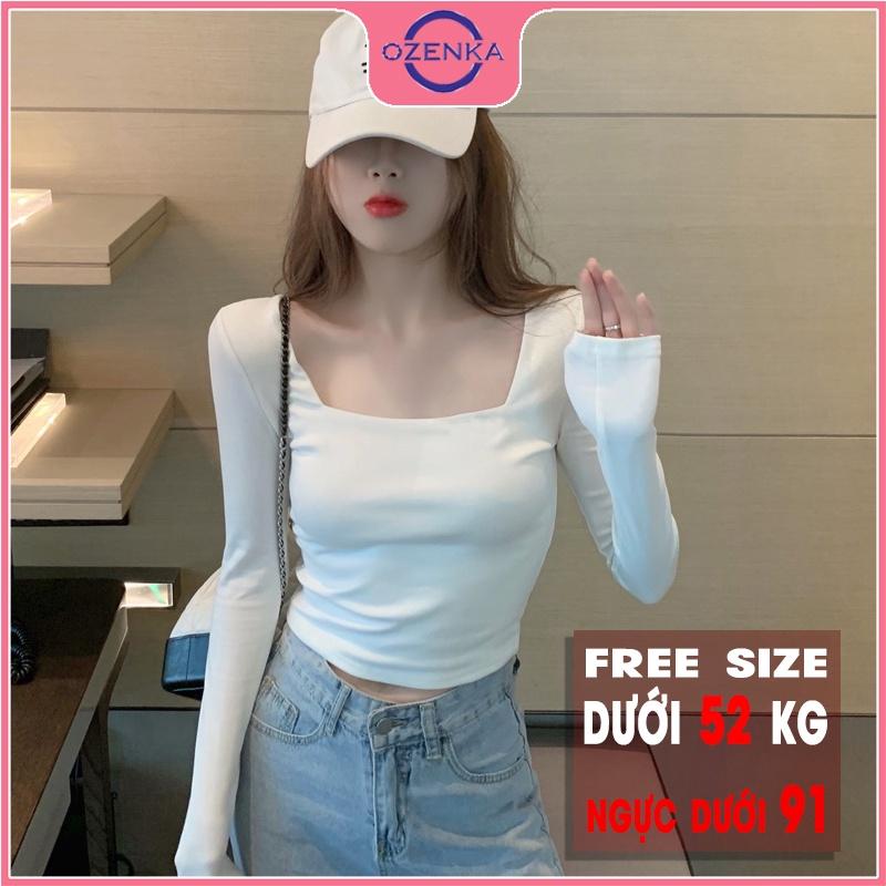 Áo croptop tay dài cổ vuông ôm nữ , crt thun gân 100% cotton màu trơn đen trắng free size dưới 52 kg