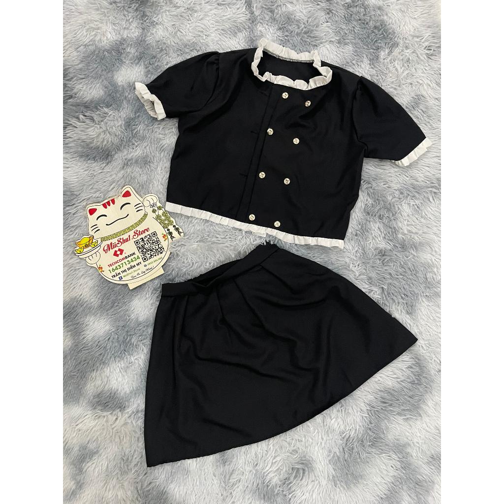 Set áo croptop bèo kèm chân váy xếp ly, Set bộ đồ nữ áo phối viền voan cài nút thật kèm chân váy xòe
