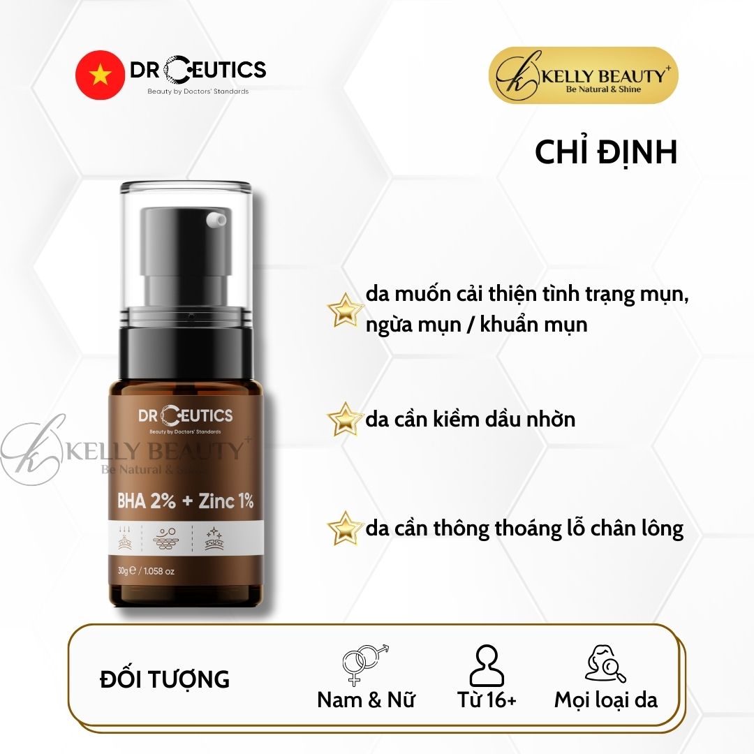 Serum Mụn DrCeutics BHA 2% + ZinC 1% - Cải Thiện & Ngừa Mụn; Giúp Kiềm Dầu | Kelly Beauty