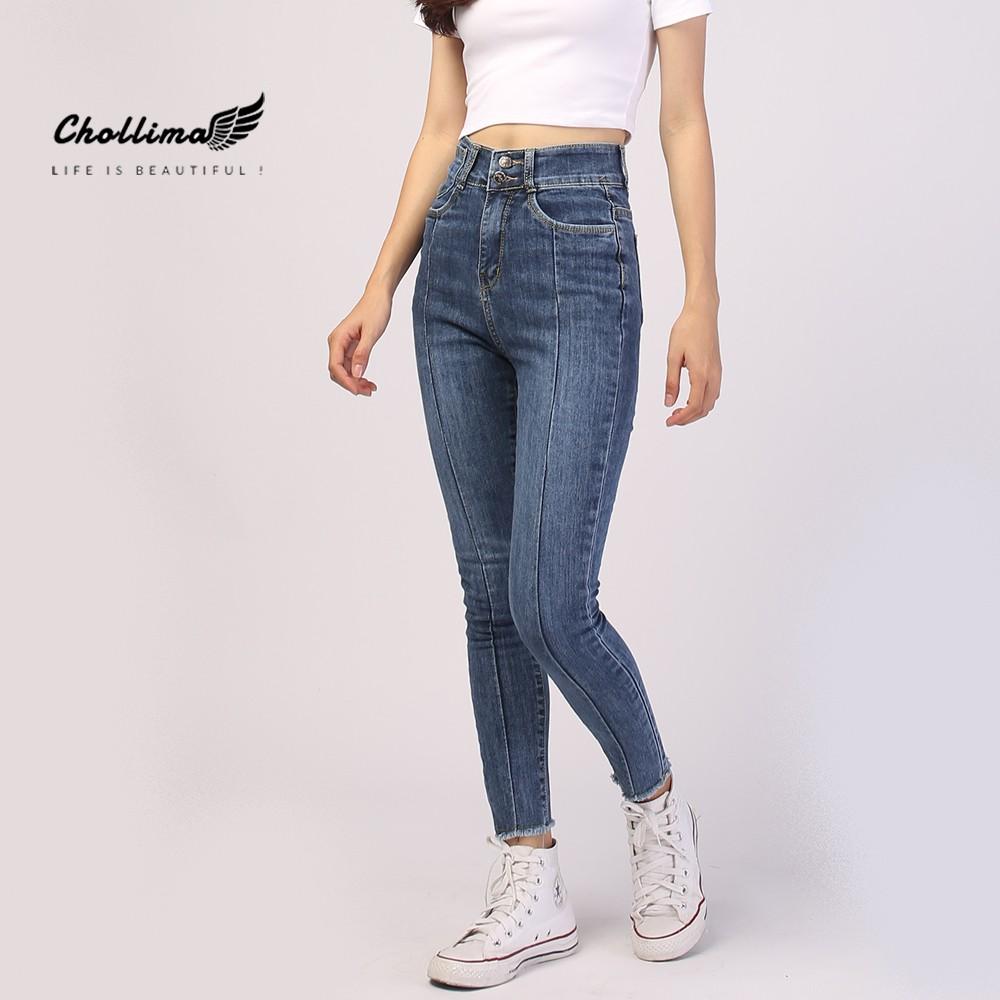 Quần jeans dài nữ co giãn Chollima cạp siêu cao đắp túi đồng hồ QD007