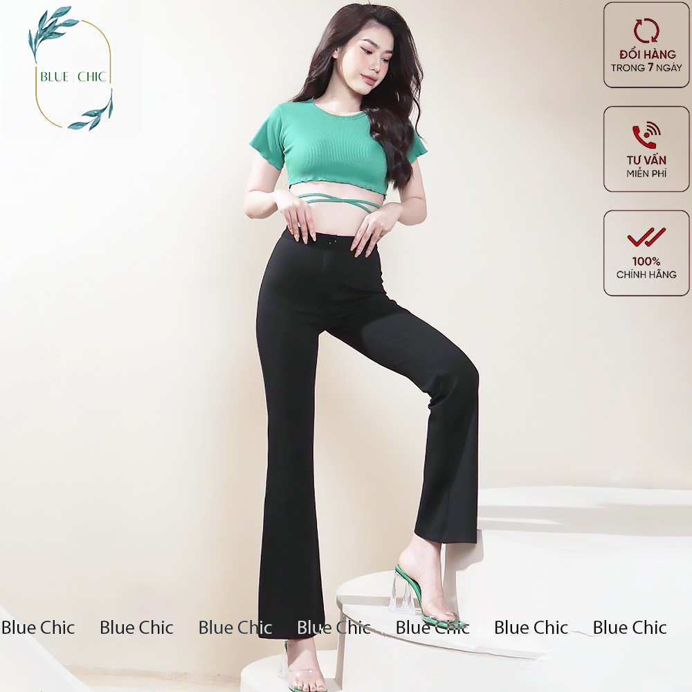 Quần ống loe Blue Chic lưng cạp cao 1 cúc suông rộng nữ dài culottes màu đen