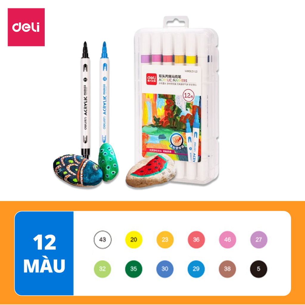 Bút Sơn Acrylic Marker 2 Đầu Cao Cấp Deli - Kèm Hộp Nhựa - 12/24/36/48 Màu Đậm - Tô Màu Đi Nét DIY