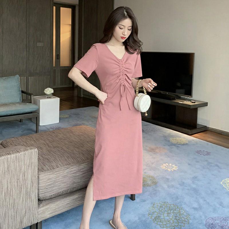 Đầm nữ ngắn tay cổ chữ V màu trơn