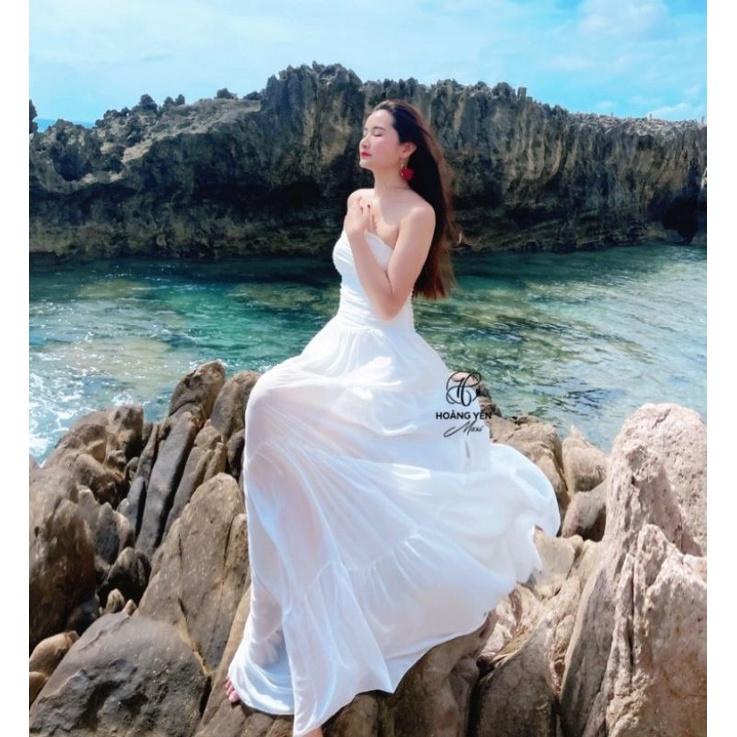 HOANGYEN - AMIE đầm trắng cúp ngực nhún hong chân váy nối tầng phù hợp đi biển, chụp ảnh, dạo phố, tiệc hồ bơi