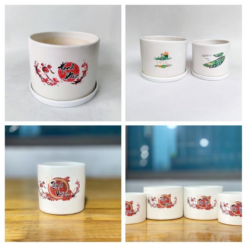 Chậu sứ trồng cây hình trụ in hình kèm đĩa hứng nước siêu xinh xắn