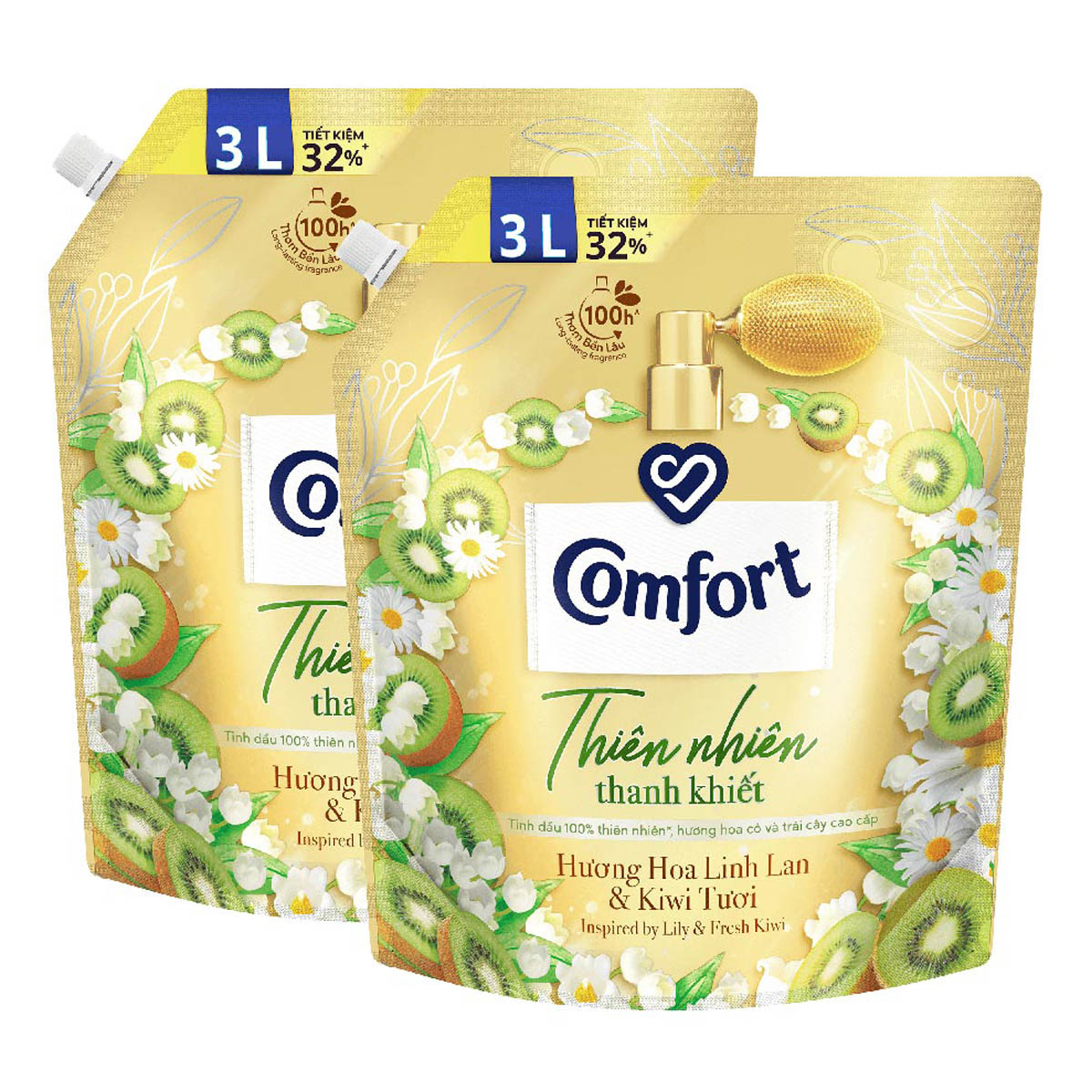 Combo 2 Nước Xả Vải Comfort Thiên Nhiên Thanh Khiết Hương Hoa Linh Lan &amp; Kiwi Tươi 3.0L