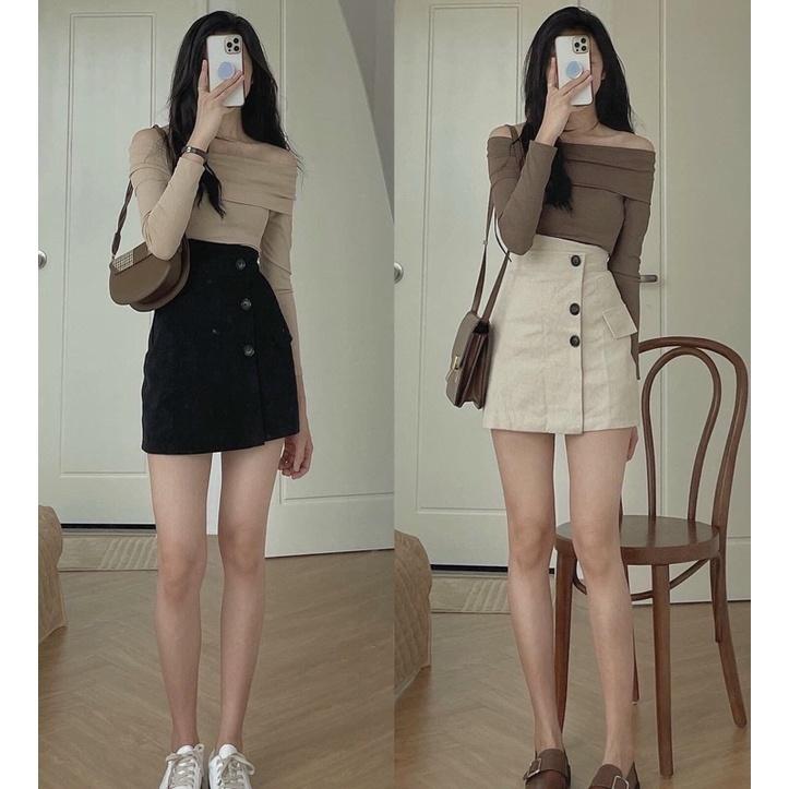 Chân váy nhung cạp cao 3 cúc lệc vạt