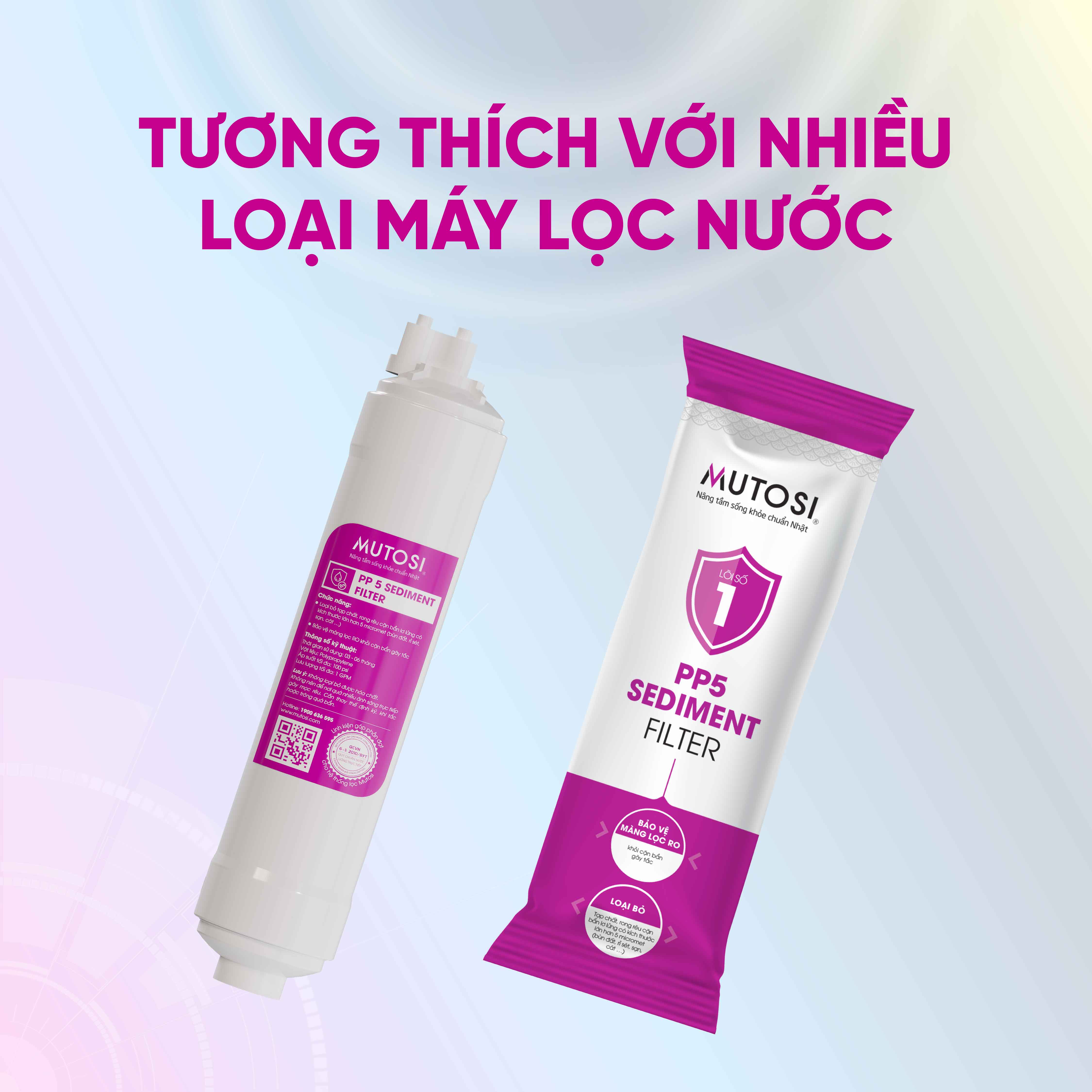 Lõi lọc nước - Hàng chính hãng Mutosi số 1 - Lõi đúc PP5 micron đấu nhanh, Bảo vệ màng lọc RO khỏi cặn bẩn gây tắc