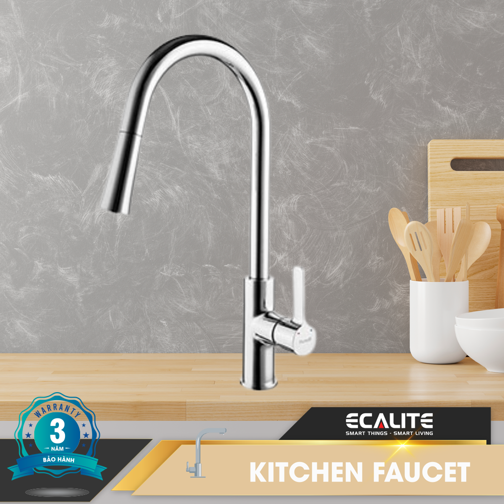 Vòi rửa chén nóng lạnh Ecalite EF-H012C - Đồng thau mạ chrome - Có dây rút - Hàng chính hãng