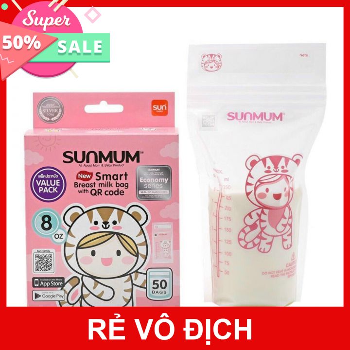 Hộp 50 túi trữ sữa Sunmum chính hãng Thái Lan (250ml) có 3 khóa kéo