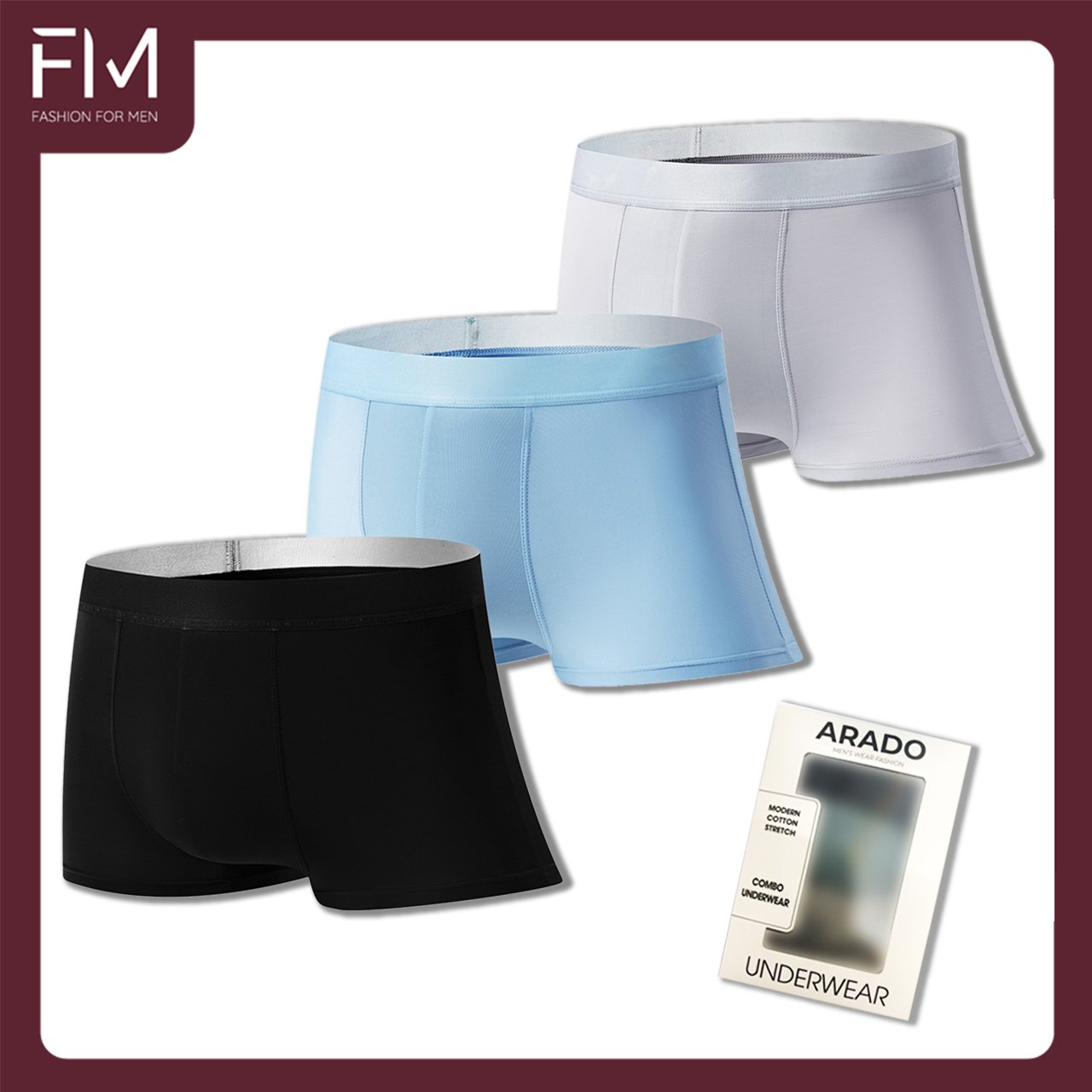 Combo 3 quần lót boxer trơn, chất thun mềm mịn thấm hút mồ hôi tốt, co giãn tốt,  - FORMEN SHOP - FMQS018