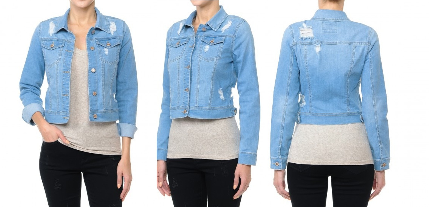 Khoác jeans Cropped denim jacket W/x Jeans dành cho Nữ. Chất jeans mềm, co giãn thoải mái. Kh Nón, Xanh trời, rách