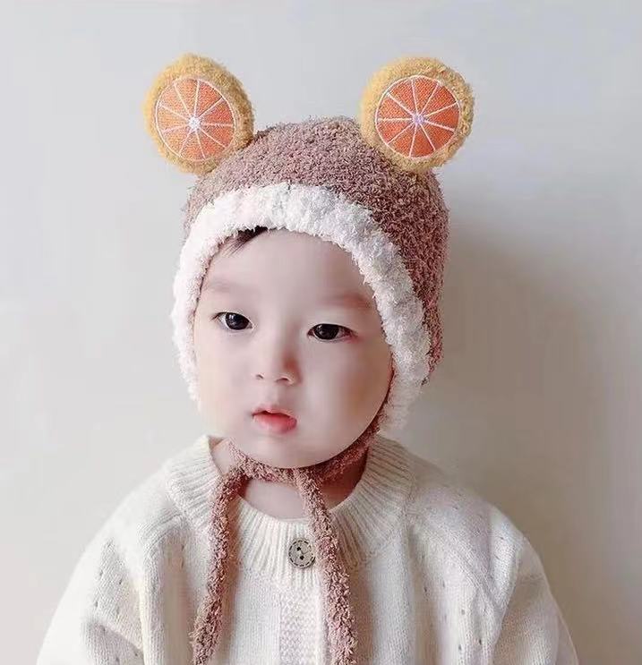 Mũ len tai gấu xù cực xinh MẪU MỚI CỦA NĂM có dây buộc và tai hình hoa quả cực kute cho bé từ 0-3 tuổi