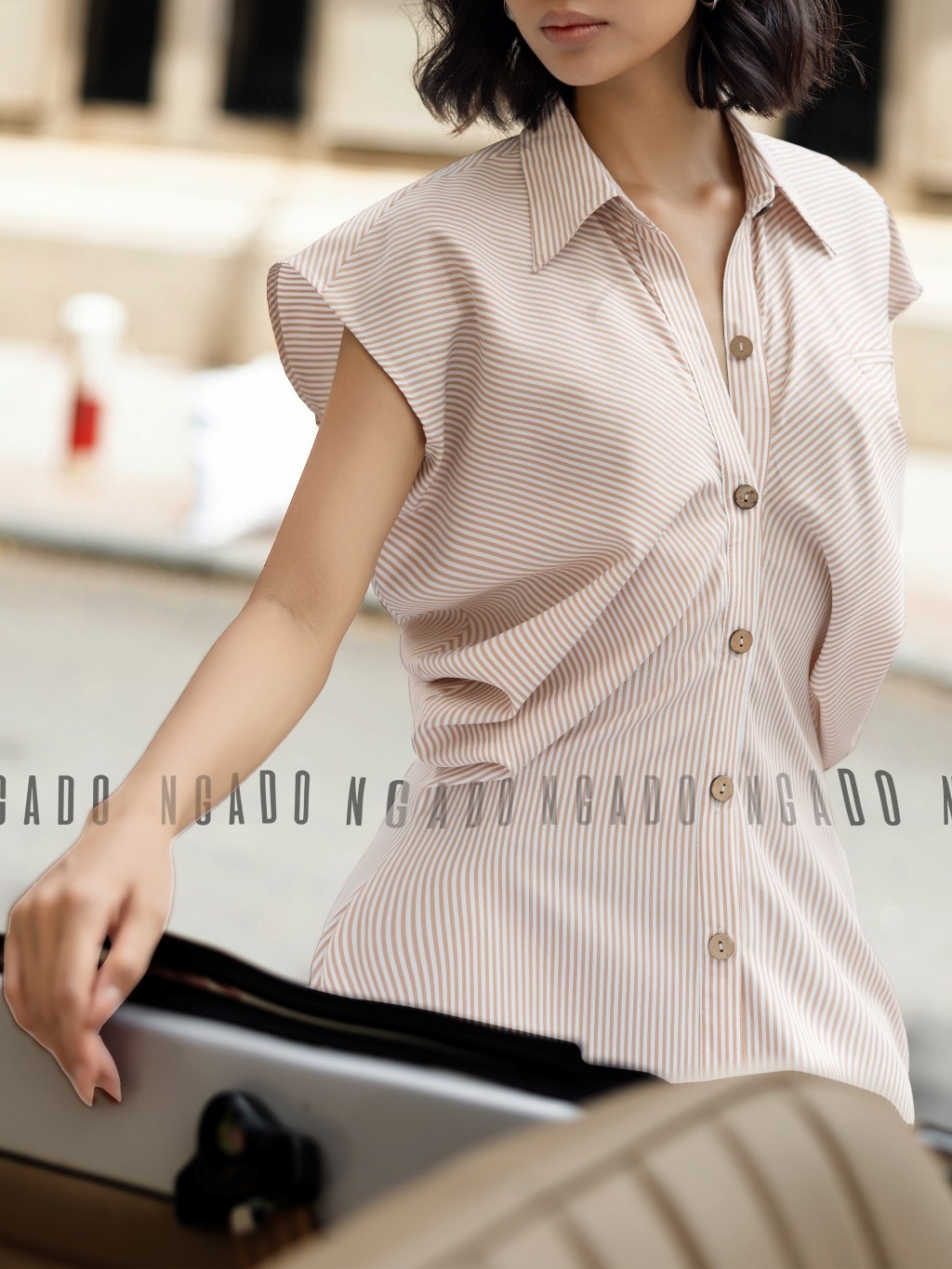 Đầm sơ mi sọc cam NGADO, Đầm suông, Đầm vintage, Đầm dạo phố thiết kế