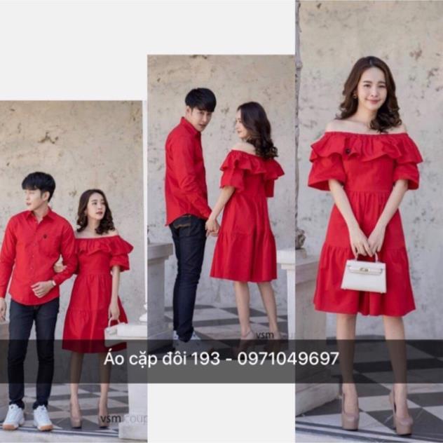 Áo đôi đẹp váy trễ vai bèo + Áo somi nam
