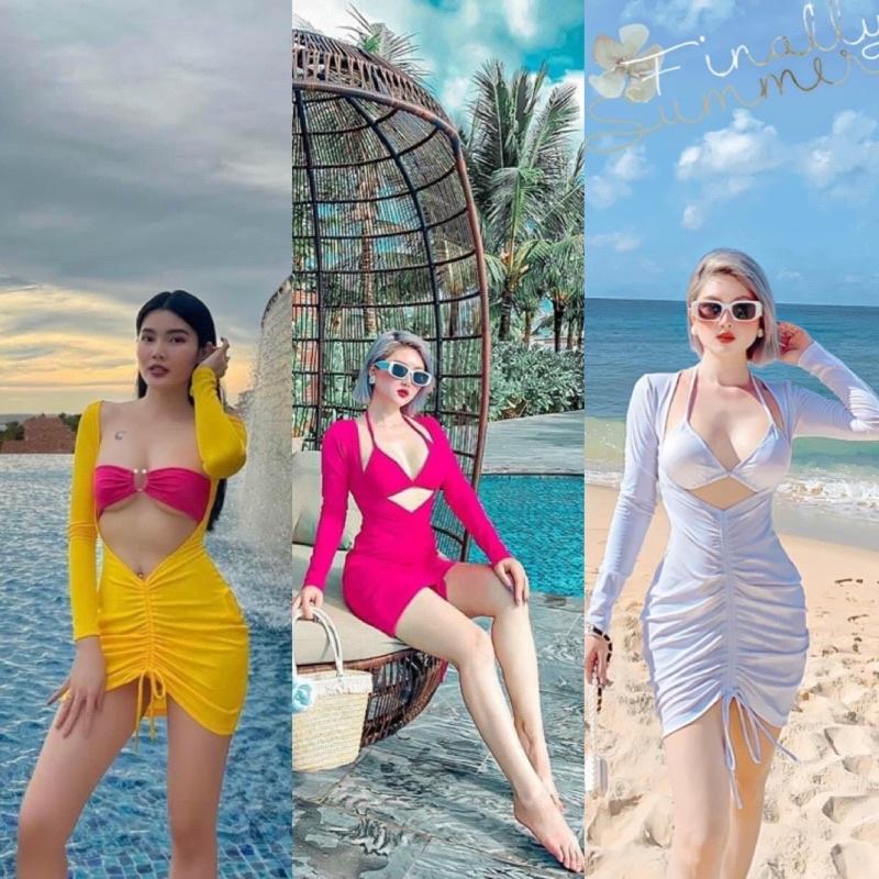 Bikini Set 3 Món Dài Tay, Áo Rút Dây Bụng Hot Trend 2022 (hình thật)
