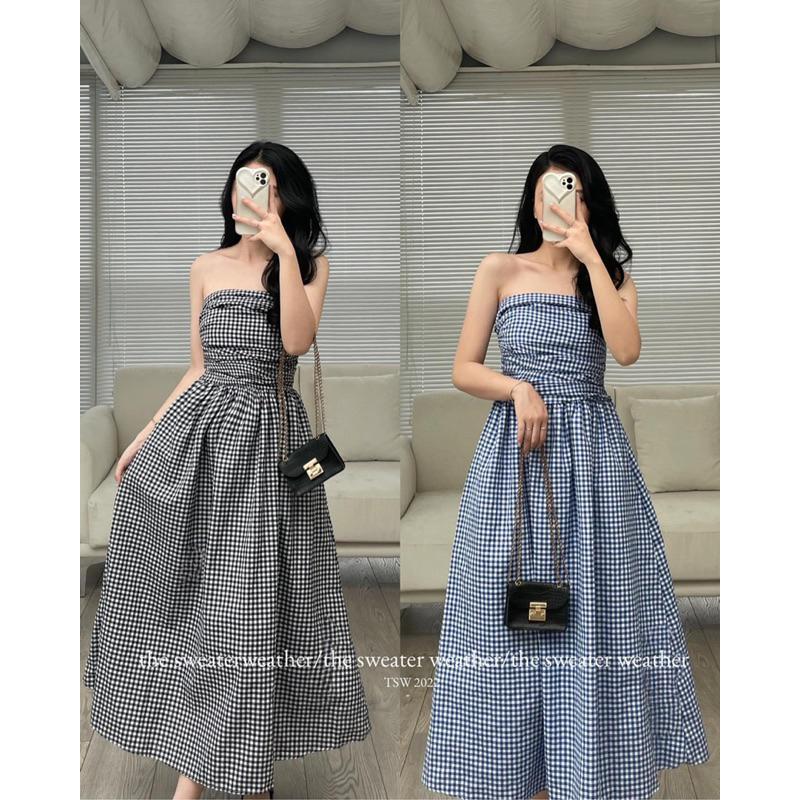VÁY QUÂY KẺ CARO CÚP NGỰC CHUN LƯNG BỒNG XOÈ tiểu thư