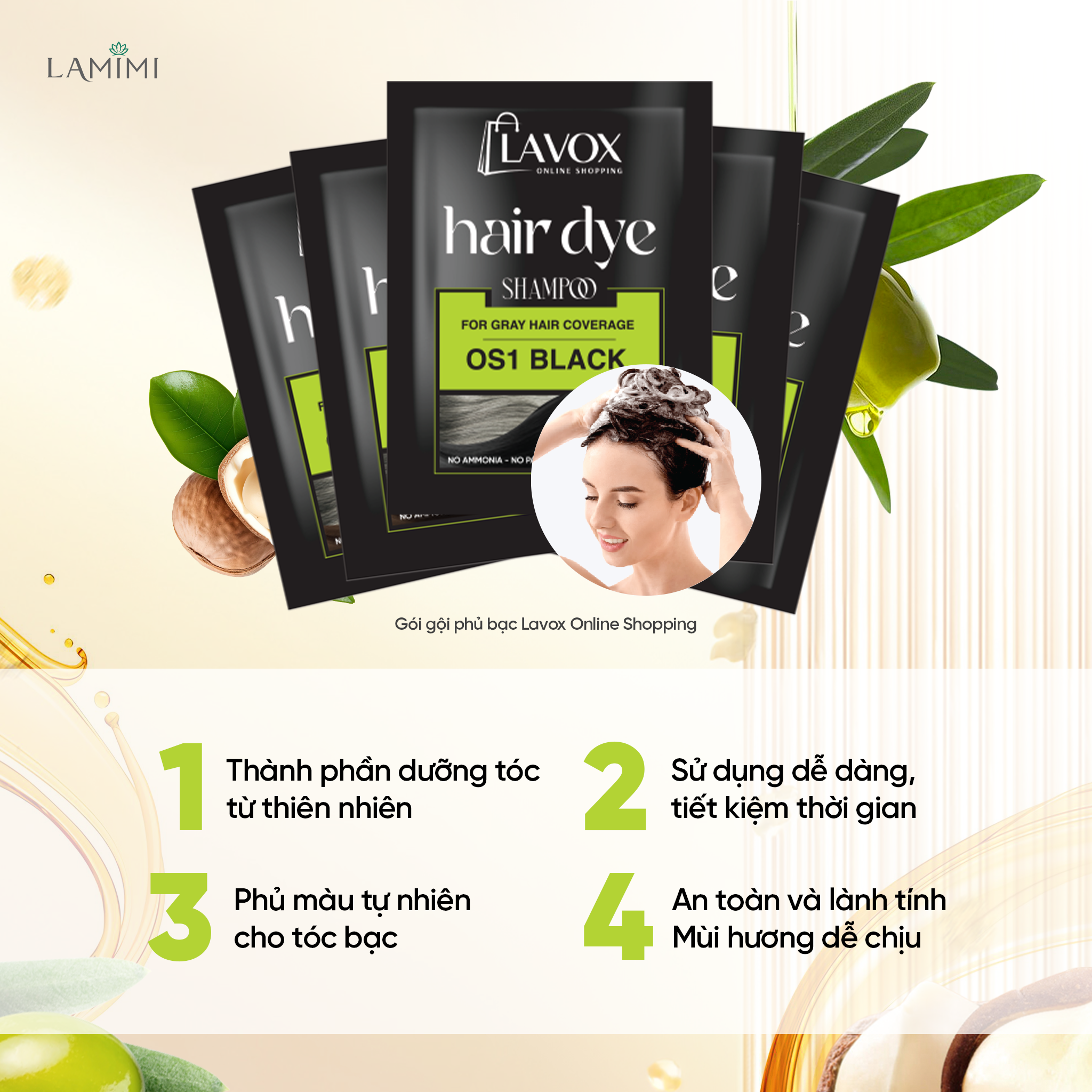 Bộ 3 Hộp Gội Phủ Tóc Bạc Lavox Online Shopping 30ml x 9 - Lên Màu Tự Nhiên Tại Nhà Lamimi Chính Hãng