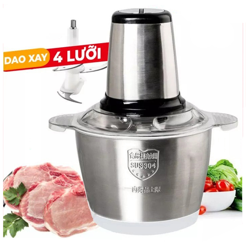 Máy Xay Thực Phẩm Đa Năng, Chạy Êm, Cối Inox 304, 4 Lưỡi Dao Thép Không Gỉ, 2 Cấp Độ Xay, Dung Tích 2L, Công Suất 300W, Đóng Gói Chắc Chắn