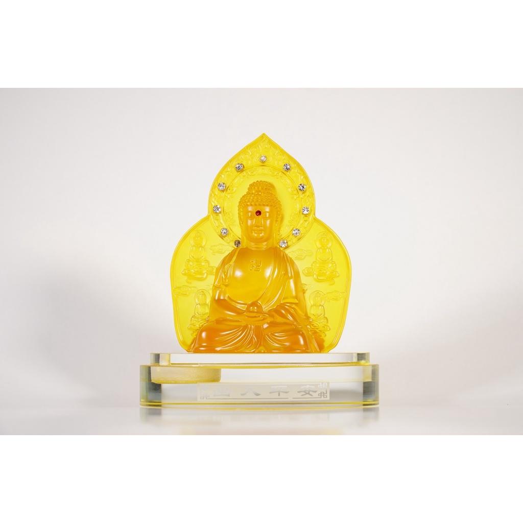 Tượng Phật A Di Đà Bồ Tát Quan Âm đế kính lưu ly vàng viền kim sa lấp lánh 2 mặt để xe hơi cao cấp - Cao 13cm, có lỗ nướ
