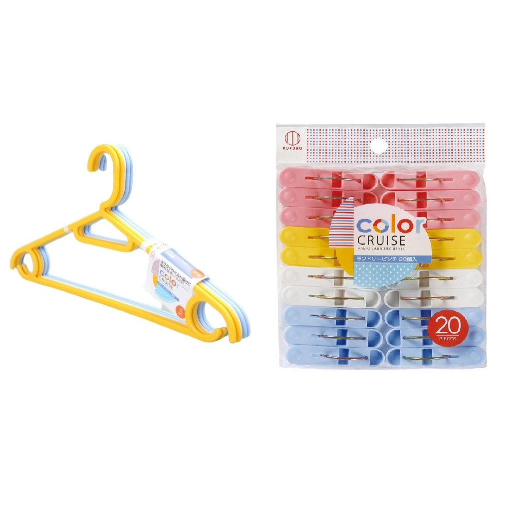 Hình ảnh Combo 01 Bộ 05 chiếc móc nhựa treo đa năng Kokubo + 01 Set 20 chiếc kẹp chữ A phơi quần áo Color Cruise (Kokubo)