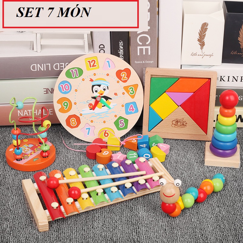 Combo 7 món đồ chơi gỗ an toàn cho bé- phát triển trí tuệ