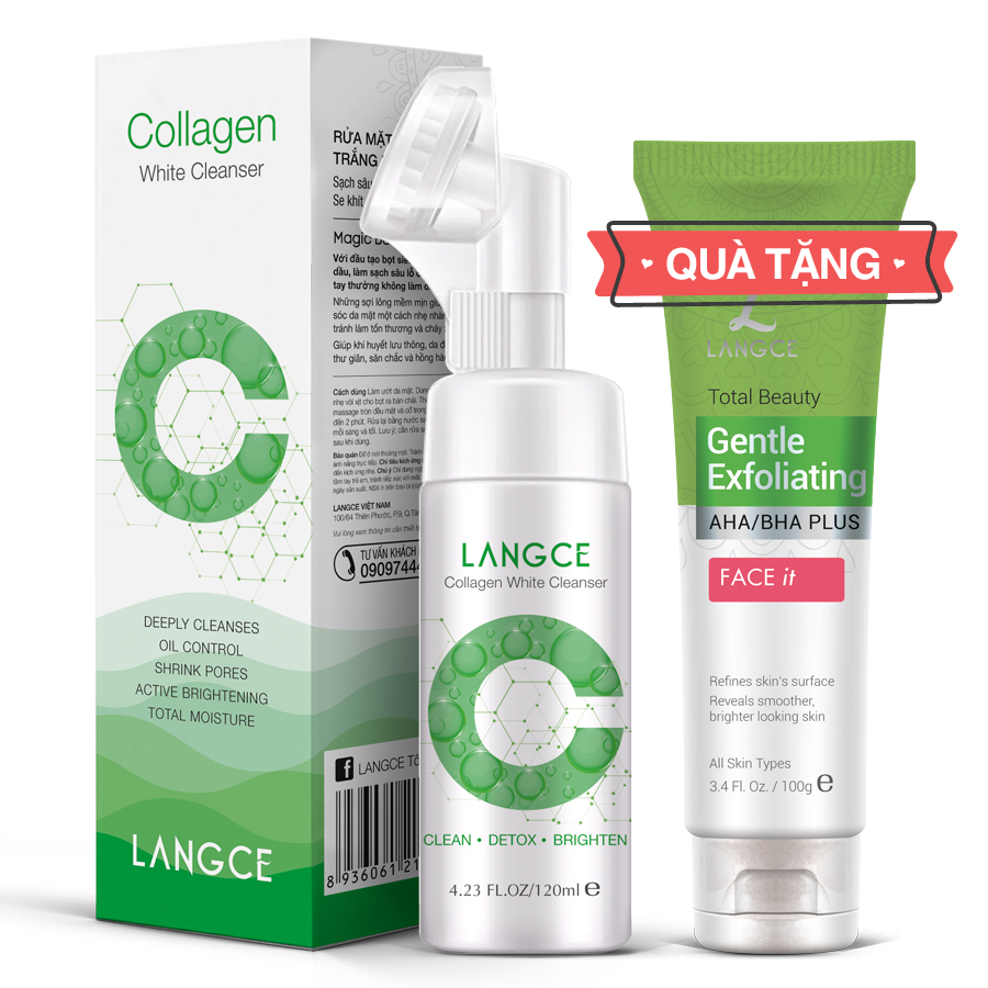 Collagen Rửa Mặt Cọ Massage Trắng Da 120ml Hộp Xanh TẶNG Tẩy Tế Bào Chết Da Mặt Trà Xanh 100ml LANGCE