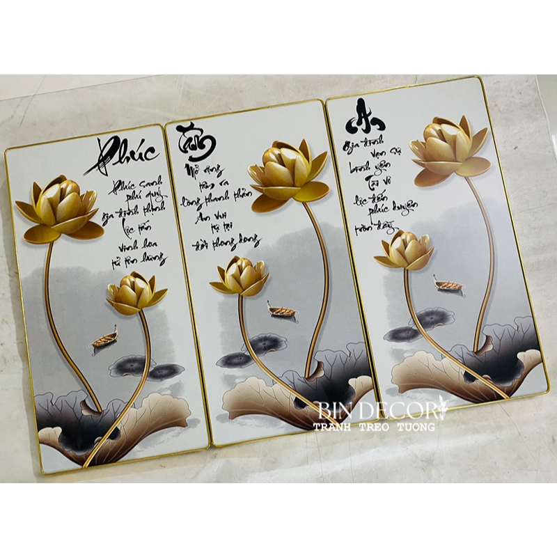 (ẢNH THẬT) Tranh treo tường 3 tấm phúc tâm an tranh phòng khách kèm đinh treo