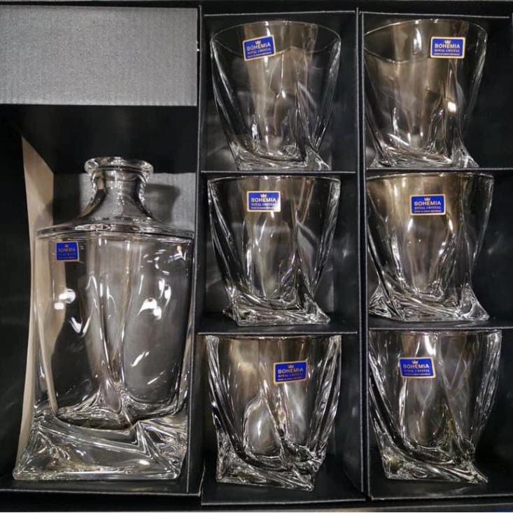 Bộ Bình Rượu Kèm 6 Cốc Pha Lê Bohemia Quadro, Bộ Bình Ly Uống Whisky, Rượu Mạnh, Nhập Đức