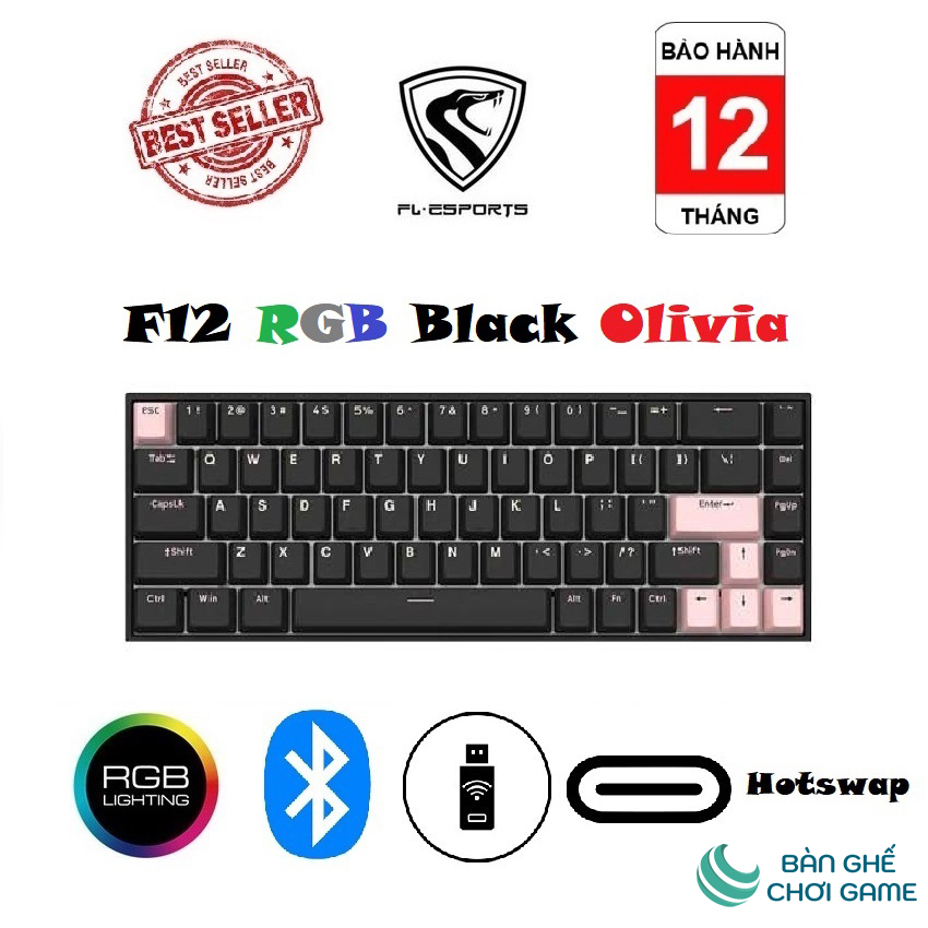 Bàn phím cơ không dây FL-Esports F12 RGB Black Olivia Kailh Box Switch - Hàng chính hãng