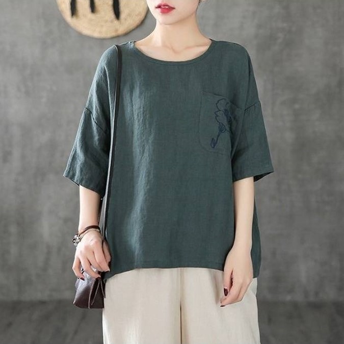 Áo kiểu nữ cổ tròn ngắn tay, form rộng chất liệu đũi mềm mát Đũi Việt
