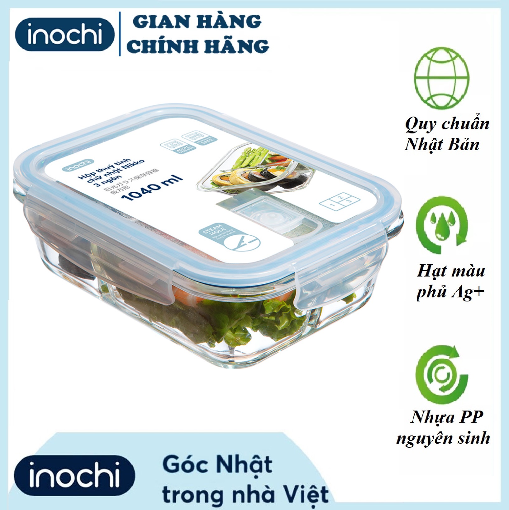 Hộp thủy tinh chữ nhật Nikko 1040 ml (3 ngăn)