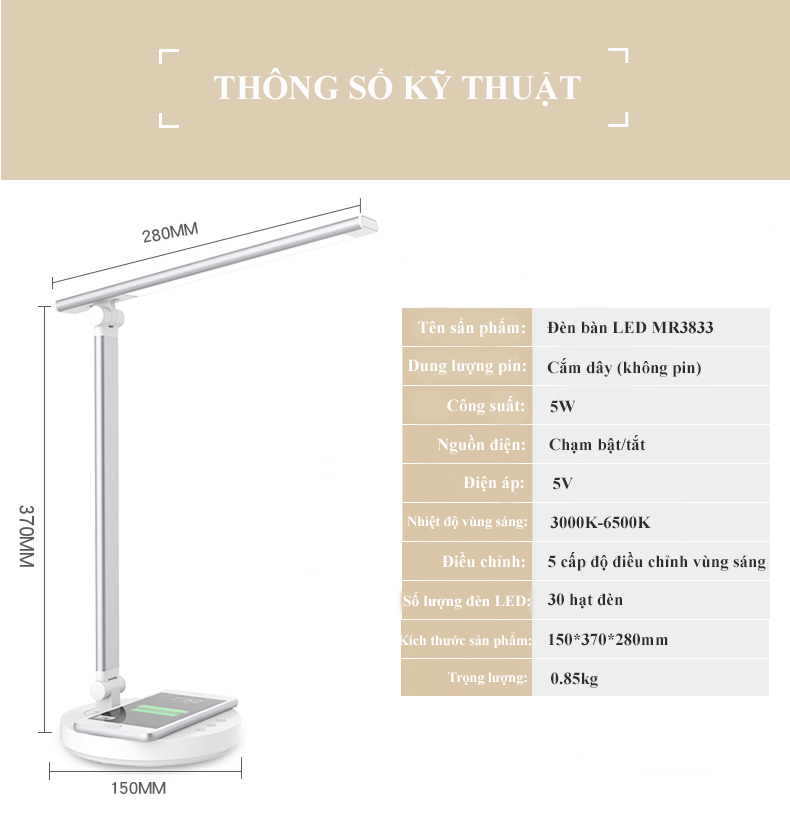 Đèn Bàn Học Đọc Sách Làm Việc LED Chống Cận Bảo Vệ Mắt – Cảm Ứng Tích Hợp Sạc Không Dây - Vùng Sáng 3000-6500K – 5 Cấp Độ Điều Chỉnh – Phiên Bản Nâng Cấp Cổng Type-C