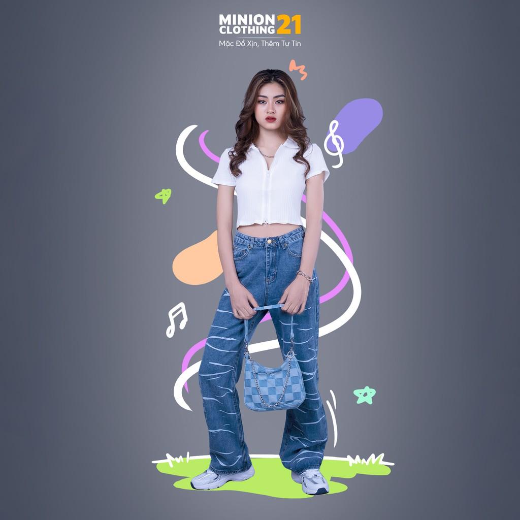 Quần jeans ống rộng sọc ngang ngựa vằn MINION CLOTHING lưng cạp cao bò Unisex nam nữ Ulzzang chất jean dày Q8605