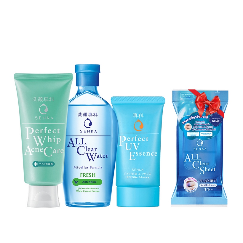 Bộ sản phẩm Senka làm sạch và chống nắng dành cho da mụn (Senka A.L.L.Clear Water Fresh 230ml + SRM Acne Care 100g + Senka Perfect UV Essence 50g) - Tặng Khăn giấy tẩy trang Senka 44 miếng