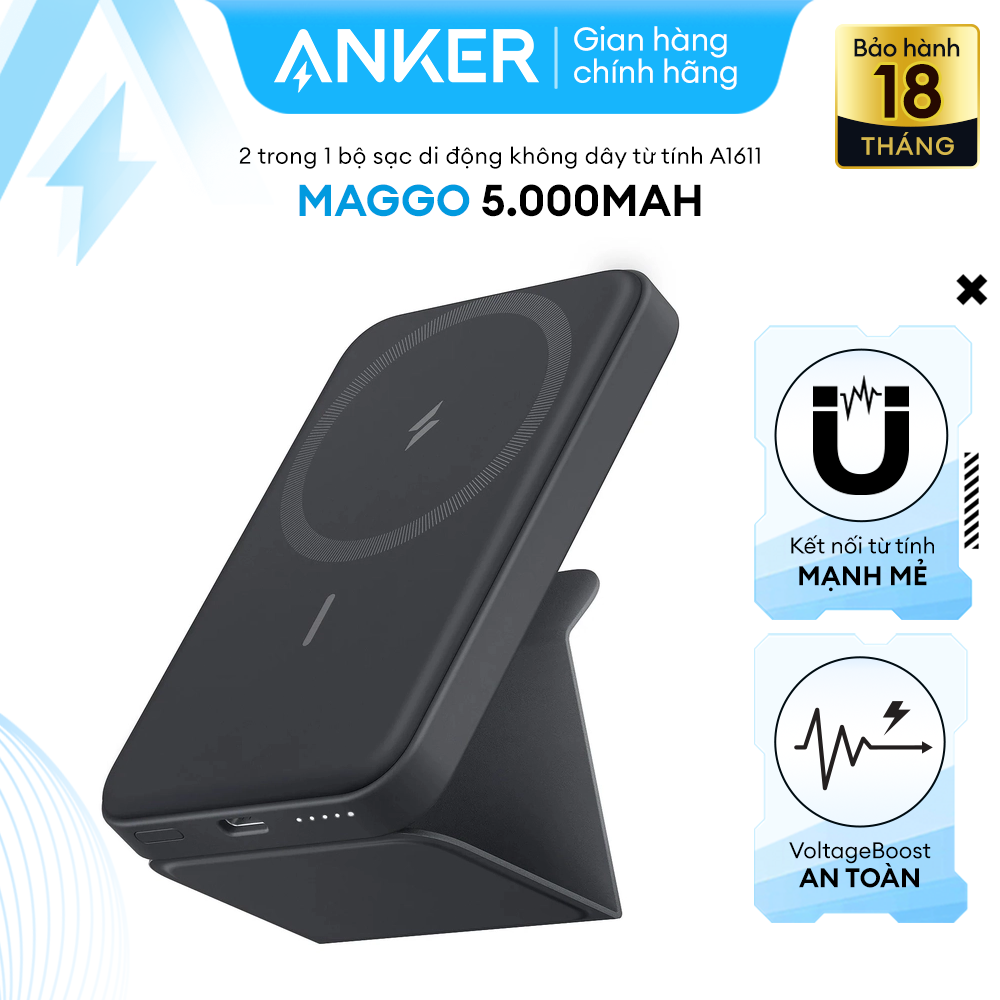 Pin sạc dự phòng ANKER 622 - Chức năng không dây từ tính có chân đế gấp, dung lượng 5000mAh và USB-C dành cho iPhone 13/12 Series - A1611