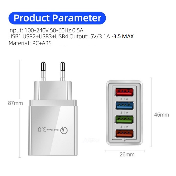 Củ sạc 4 cổng USB có đèn Led cho điện thoại iphone, samsung, oppo, huawei