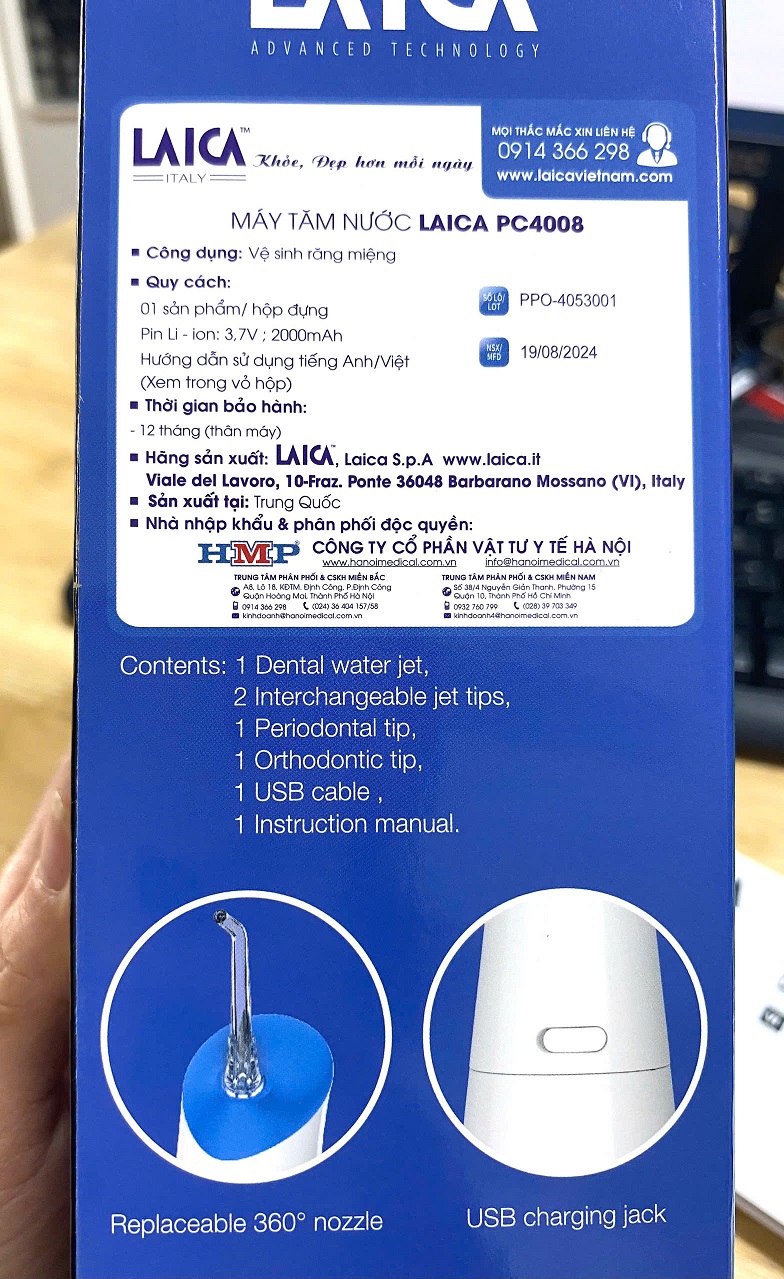 Máy Tăm Nước Cầm Tay Cho Người Niềng Răng LAICA PC4003 - ITALY - 3 Chế Độ - 4 Đầu Phụ - Sạc Pin