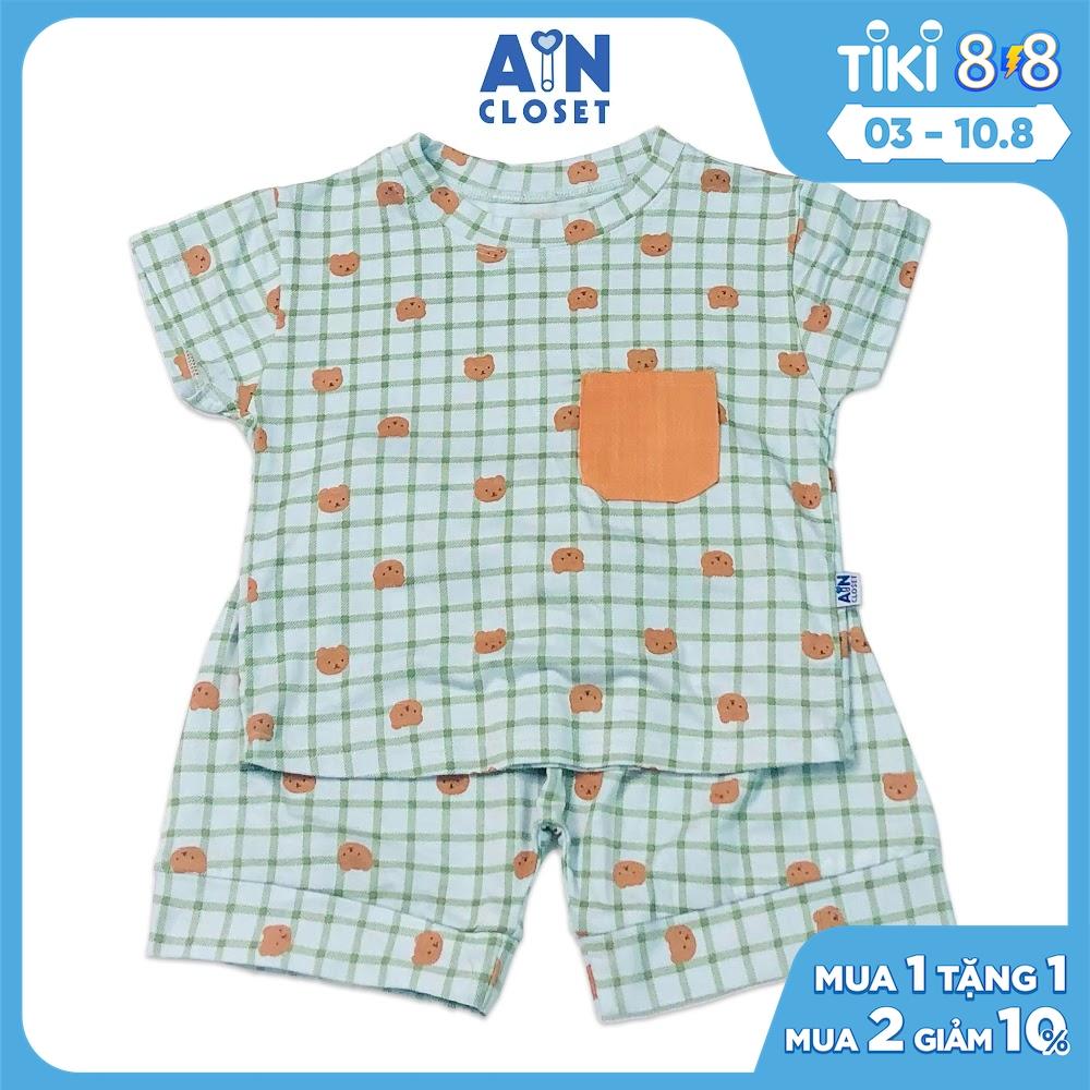 Bộ quần áo ngắn unisex họa tiết Caro gấu mint thun lụa - AICDBTTSUQT9 - AIN Closet