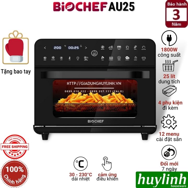 Nồi chiên không dầu điện tử Biochef AU25 - Công suất - 1800W - Dung tích 25 lít - 12 chức năng cài sẵn - Tặng bao tay chống bỏng - Hàng chính hãng