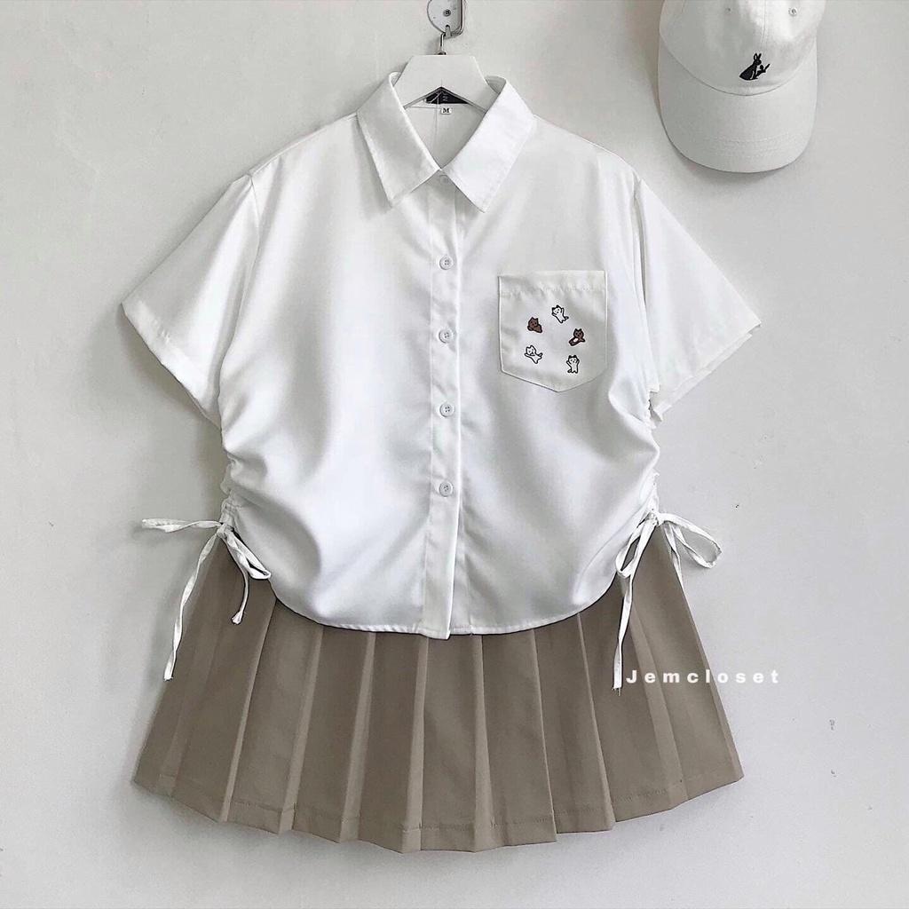 Áo Sơ Mi Croptop Nữ Dây Rút Áo Croptop Nữ Form Rộng Phong Cách Ulzzang Dễ Thương KOS Có 2 Màu Trắng Đen 10045