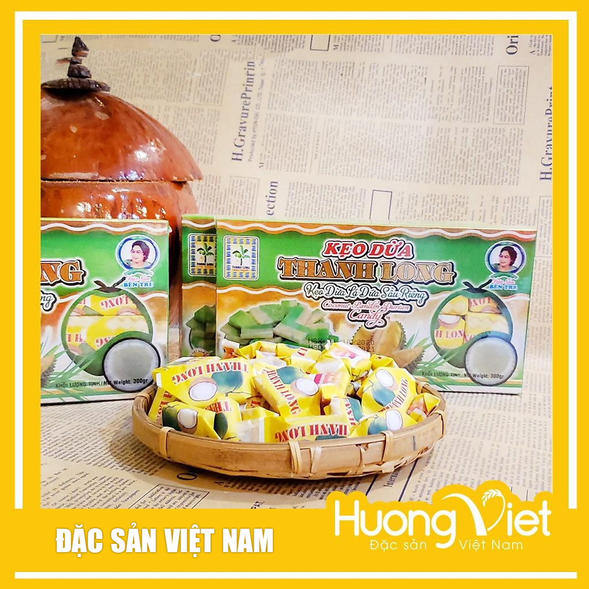 Đặc Sản Bến Tre - Kẹo Dừa Lá Dứa Sầu Riêng Thanh Long 300G, Kẹo Dừa Bến Tre Gia Truyền