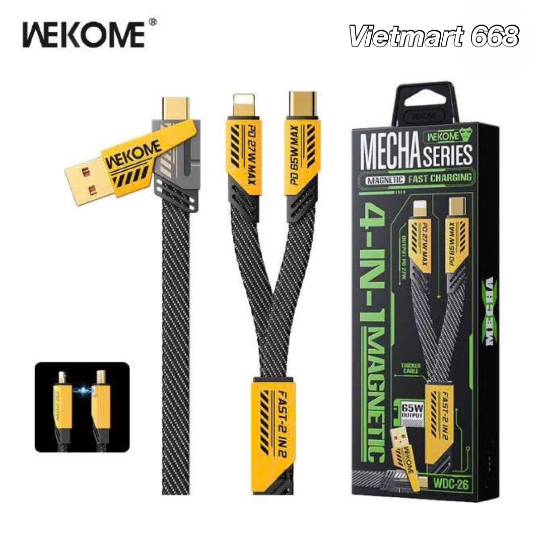 Cáp Sạc Nhanh Đa Năng 4in1 Wekome WDC-26 USB+C &gt; C+L Công Suất Lên Đến 65W/ 27W - Hàng Chính Hãng