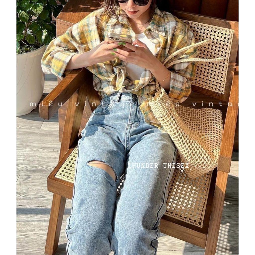Quần Jean Nữ Ống Đứng Lưng Cao Gấu Rách Cá Tính Quần Ống Đứng Rộng ThunderUnisex Phong Cách Hàn Quốc Ulzzang
