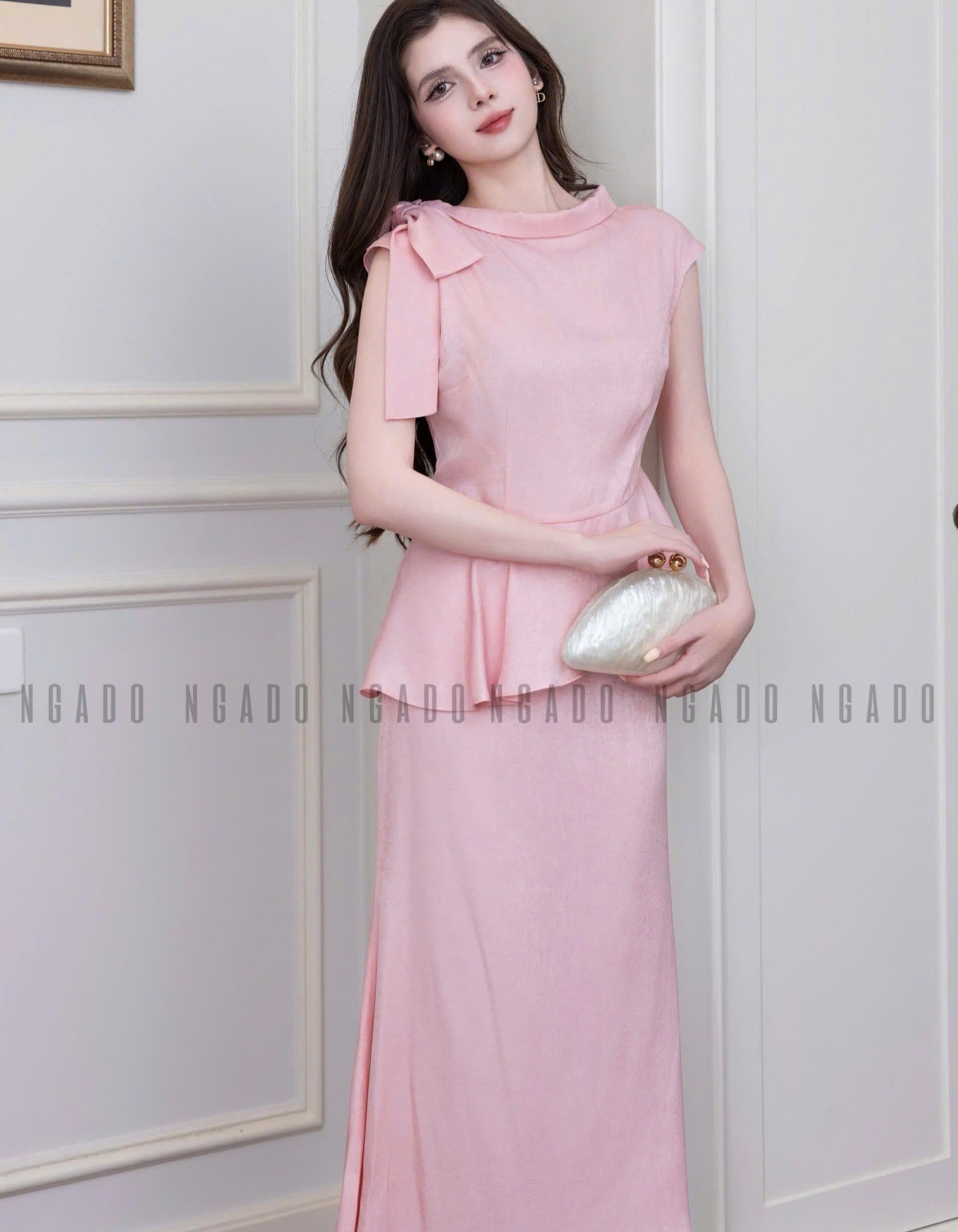 Set áo hồng cột nơ chân váy đuôi cá NGADO , set áo váy midi , set áo váy Nữ , set đồ dự tiệc